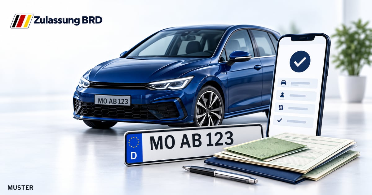 Online Fahrzeugzulassung in Moers: Musterkennzeichen MO AB 123, Auto und Fahrzeugpapiere und Smartphone. Illustration mit Logo von Zulassung BRD.